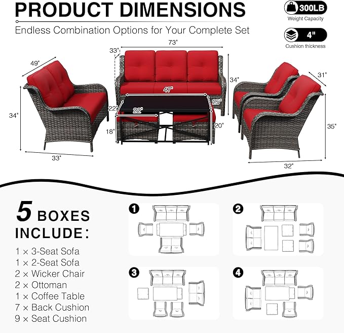 Joyside 7 Piece Wicker Patio Furniture Set, Rattan Patio Chairs with High Back, Deep Seating, Wide Armrest, Thickened Cushions, Outdoor Furniture for Deck, Porch Use