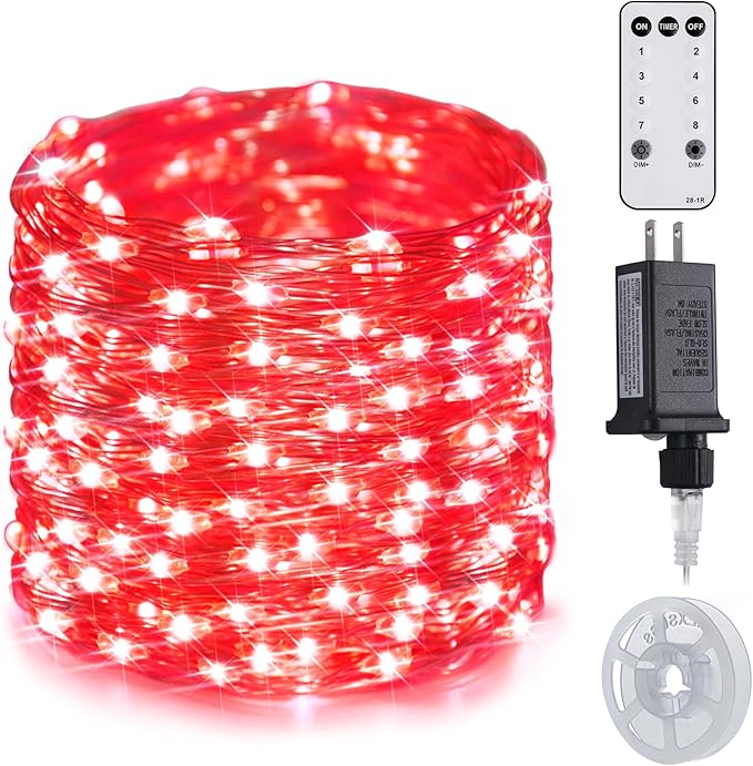 JMEXSUSS 200 LED Red Fairy Lights, 66 ft 8 Modes Red Christmas Lights Indoor Plug in with Wheel, Remote Control Twinkle String Light Outdoor for Christmas Decor