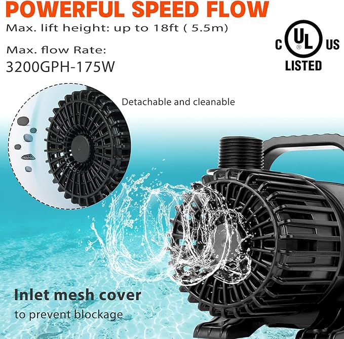 WaterRebirth (3200GPH-175W,UL listed) High Flow Large Fountain Submersible Water Pond Sump Pump Aquarium Electric Waterfall Pump Outdoor PS-3200