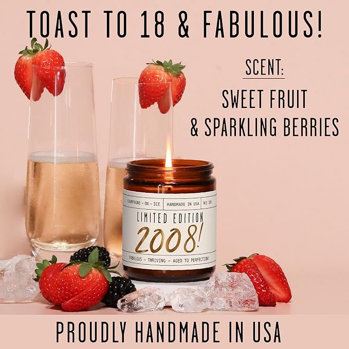 18th Birthday Gifts for Girls - 'Limited Edition 2008' Soy Candle, w/Sparkling Berries & Fruit I 18 Gifts for Women I 18th Birthday Gift for Her Ideas I 9oz Reusable Jar, 50Hr Burn, Made in USA