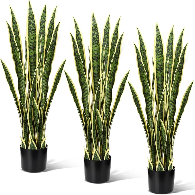 Crowye 3 Pack 3.15 Ft Tall Artificial Snake Plant Faux Sansevieria Plant Large Fake Snake Bulk in Pot for Home Office Housewarming Gift