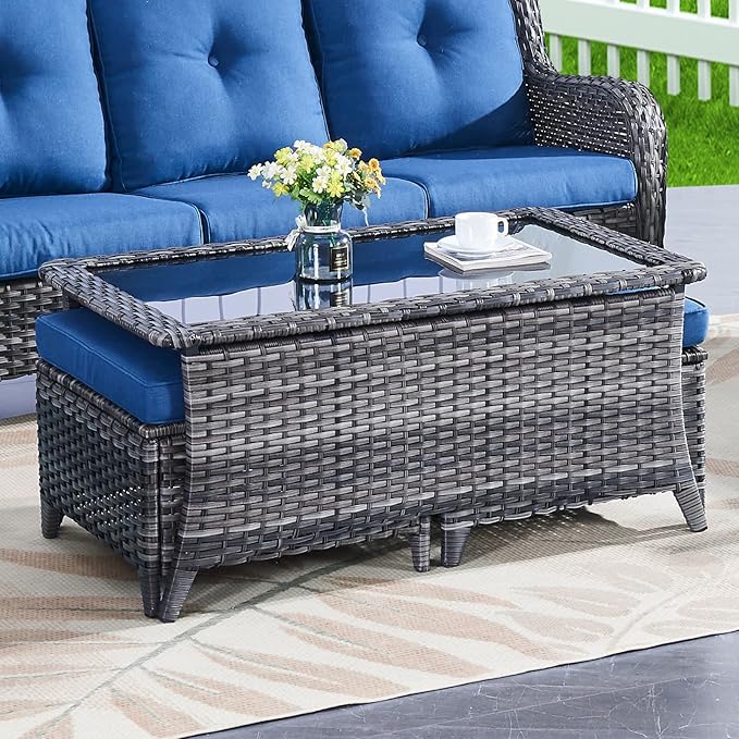 Belord Patio Coffee Table Outdoor Rectangular Glass Table, Handwoven Rattan Patio Furniture Grey Wicker Coffee Table Compatible with Patio Chairs and Sofa Sets for Backyard Sunroom Outside Lawn