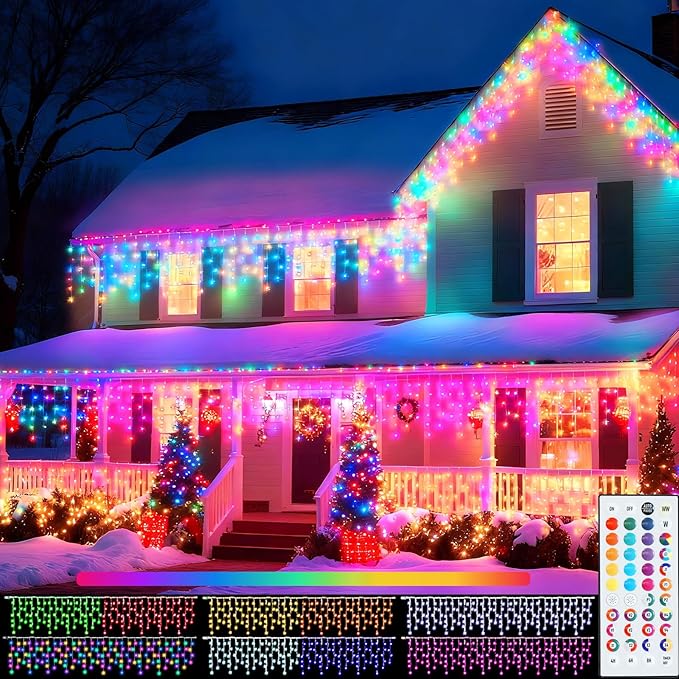 Pooqla Color Changing Icicle Lights with Remote, 35 Colors Christmas Icicle Lights, 300 LED 48FT RGB Waterproof Hanging String Lights for Roof Window Home Party Easter Valentine's Day Outdoor Decor