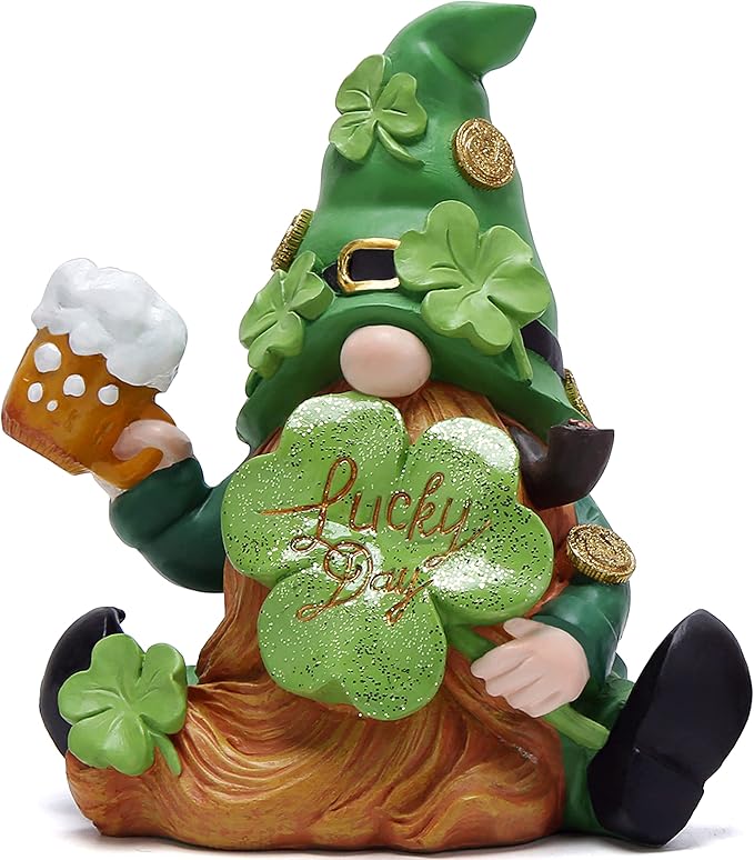 Hodao Green St Patrick‘s Day Handmade Gnome 6" H Resin Standing Figurine for Spring-Irish Gnome Elf Scandinavian Yule Nordic Figurine Home Holiday Decorations Indoor Home Decor Green Gnome (Green)