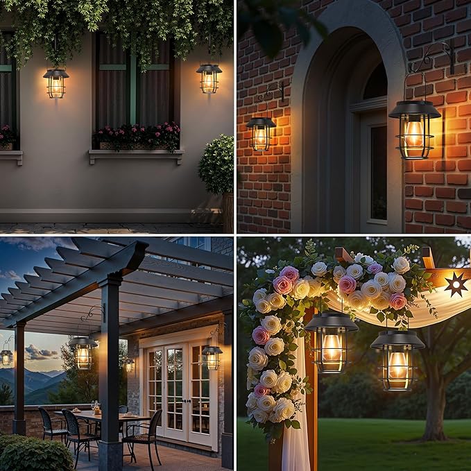Solar Lanterns Outdoor Waterproof, High Brightness Hanging Solar Lights for Outside with Wall Hooks, Halloween Decor Retro Metal Outdoor Lanterns Auto On/Off for Patio, Yard Decor, Black,4Pack
