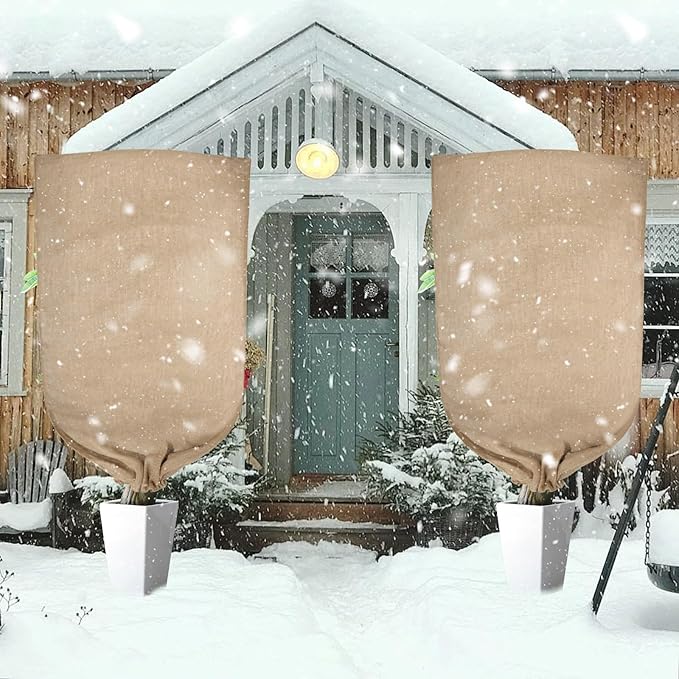 2 Pack 70”x45” Burlap Winter Plant Cover Bags Reusable Burlap Frost Cloth with Drawstring Plant Covers Freeze Protection Freeze Blanket Frost Blankets Shrub Jacket for Outdoor Trees Garden Bushes
