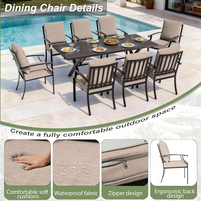 10-Pieces Patio Conversation Set,Metal Outdoor Furniture Set Includes 13.6FT Navy Umbrella,Hole Cut-Out 78.7" x 35.4" Table and 8 Metal Backrest Chairs for Backyard,Garden,Sand