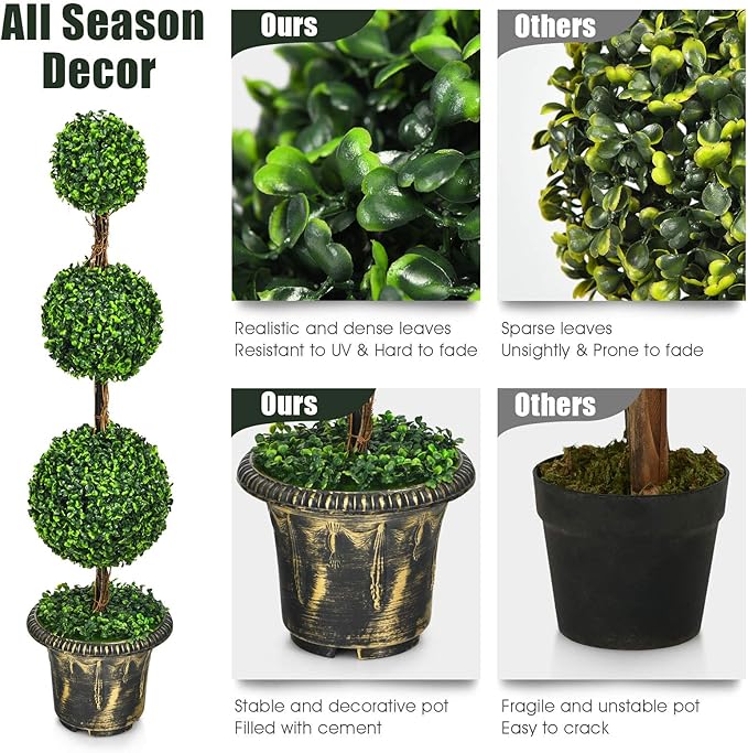 DREAMADE 4ft Topiary Trees Artificial Outdoor/Indoor, Faux Plants Shrub Bushes w/Cement-Filled Retro Pot, Fake Triple Ball Boxwood Topiary Set of 2 for Home, Office, Porch, Front Door, Entrance