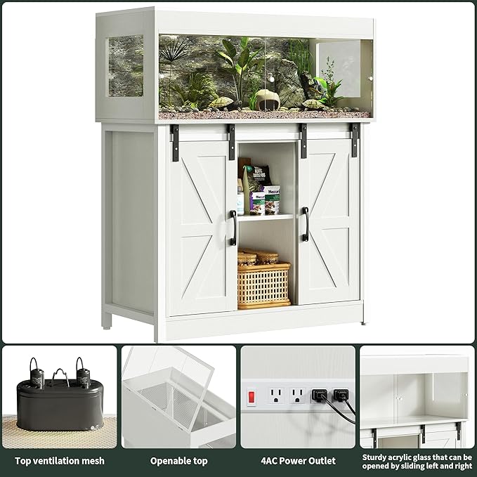 Herture 40 Gallon Reptile Terrarium with Stand, Reptile Tank with Barn Door and Storage, Vivarium with Acrylic Doors, Ventilated Mesh Top & Power Outlet, for Geckos, Lizards, Snakes White PX06RTW