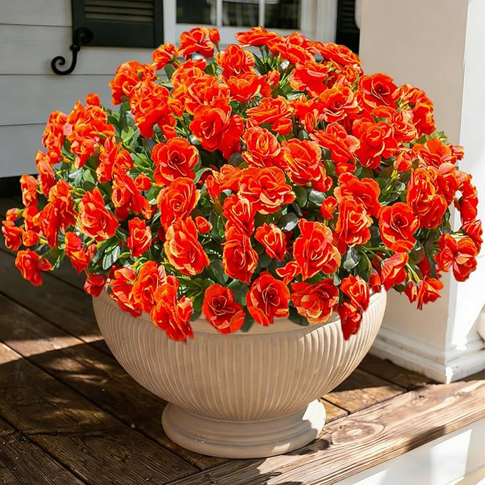 Artificial Faux Flowers Plants for Spring Outdoor Outside Decor, Fake Silk Orange Camellia UV Resistant Look Real for Autumn Planter Porch Patio Balcony Garden Yard Decoration, 3 Large Bundles