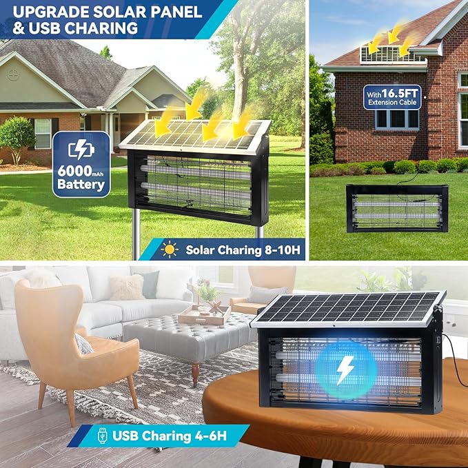 Solar Bug Zapper Outdoor w 20W Solar Panel, LANGY 4500V Electric Bug Zapper Solar Powered w 16ft Cable for 4000 Sq.ft, Mosquito Zapper Outdoor Waterproof w 6000mAh Battery for Patio Yard Home Camping