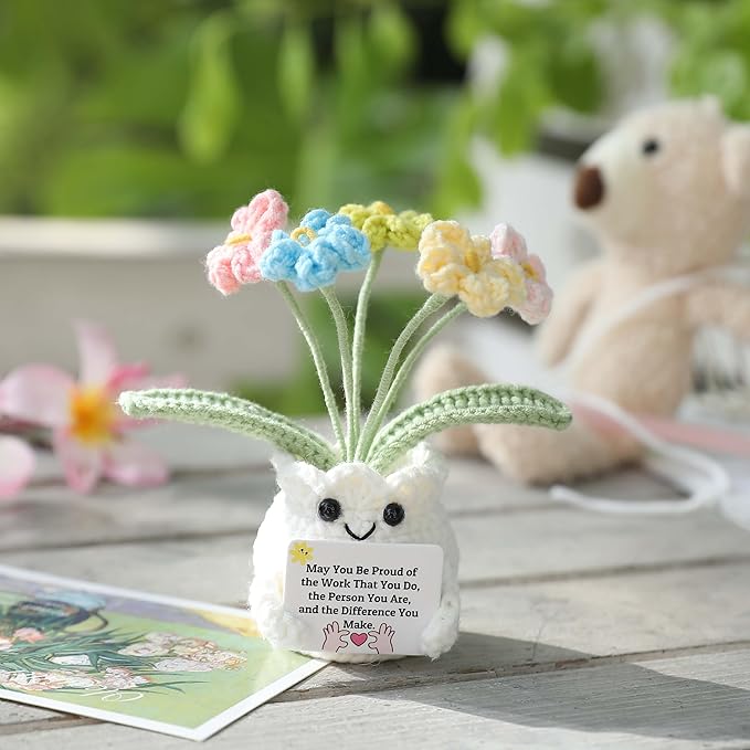 YOOJEE Forget-Me-Not Crochet Flower Potted Plant Gift Handmade Positive Desk Decor with Card - May You Be Proud of The Work That You Do - Appreciation Farewell Retirement Goodbye Gift Coworker Teacher