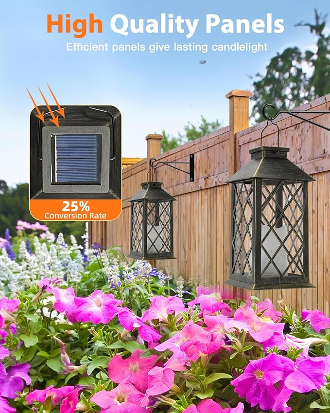 Otdair Solar Lanterns Outdoor Waterproof with Hook, 2 Pack 14" Solar Lantern with Glass Retro LED Flickering Flameless Candle,Lanterns Decorative Outdoor for Gift, Yard, Garden, Patio, Bronzen