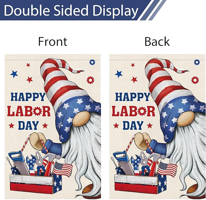 Heyfibro Happy Labor Day Gnome Garden Flag 12 x 18 Double Sided Burlap Working Tools Patriotic USA Flags for Outdoor Outside Farmhouse Decoration (ONLY FLAG)