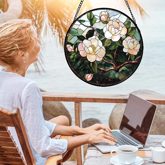 AMDERVEN Stained Glass Suncatcher, Light Pink Flowers Green Leaf Sun Catcher Plant Stain Glass Window Hanging Decoration Mother's Day Birthday Gifts for Women Men Mom Nana 11.8 in
