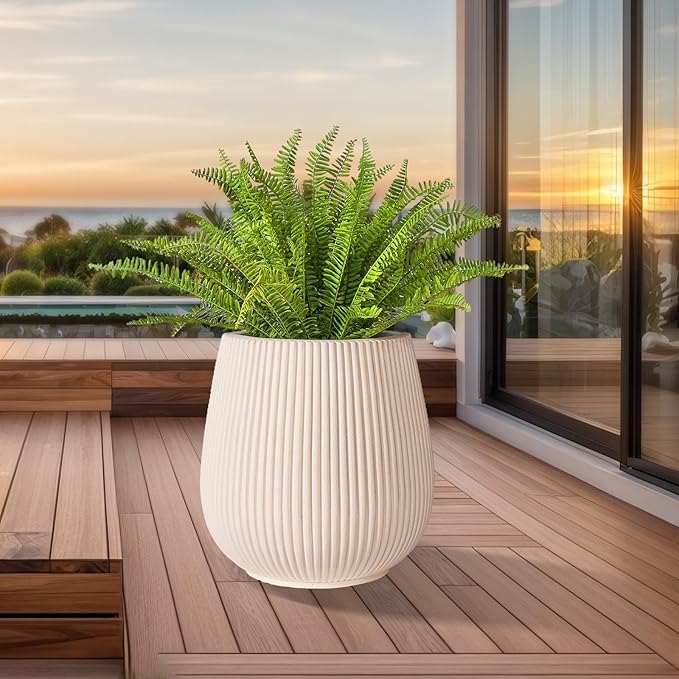 TerraDeco 16 Inch Handmade Concrete Outdoor Planter - Classic Striped Design | Fiberglass & Composite Material | Durable for Commercial & Home Decor