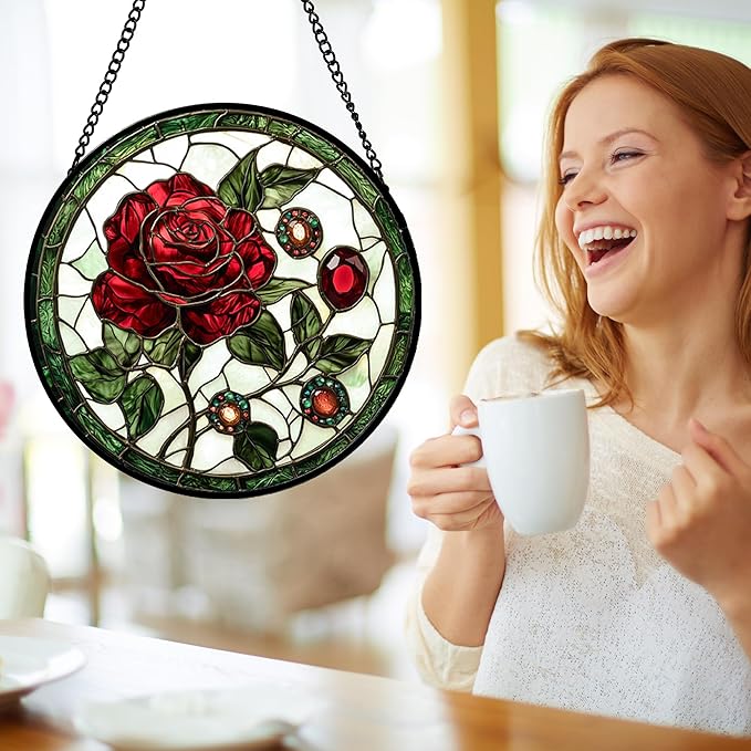 DASTOLL Stained Glass Window Hanging, Red Rose Gemstone Green Sun Catchers Diamond Glass Panel Hangings Suncatcher Decor for Birthday for Women, Men, Wife, Aunt, and Mom 14.9x14.9 in