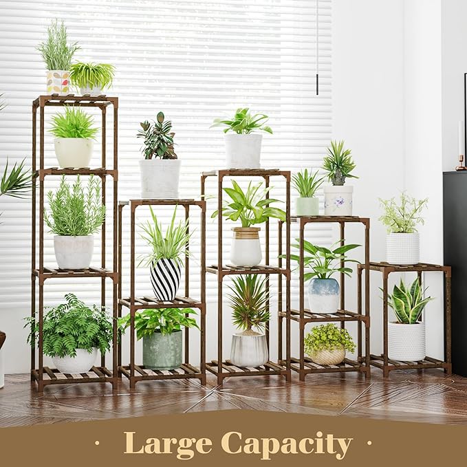 Bamworld 5 Sets Plant Stands Indoor Outdoor Combo Plant Shelves Wooden Plant Holder Rack for Multiple Plants Flower Stands for Living Room Balcony Garden Patio Lawn Window