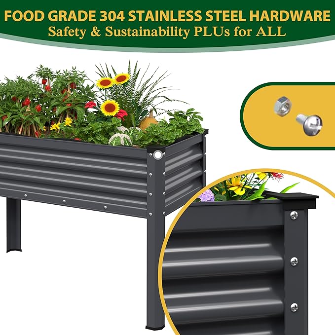 MUPATER Galvanized Steel Raised Garden Bed with Legs, 48" L x 24" W x 32" H Large Metal Elevated Raised Planter Box with Detachable Black Liner for Backyard, Garden, Balcony, Gray
