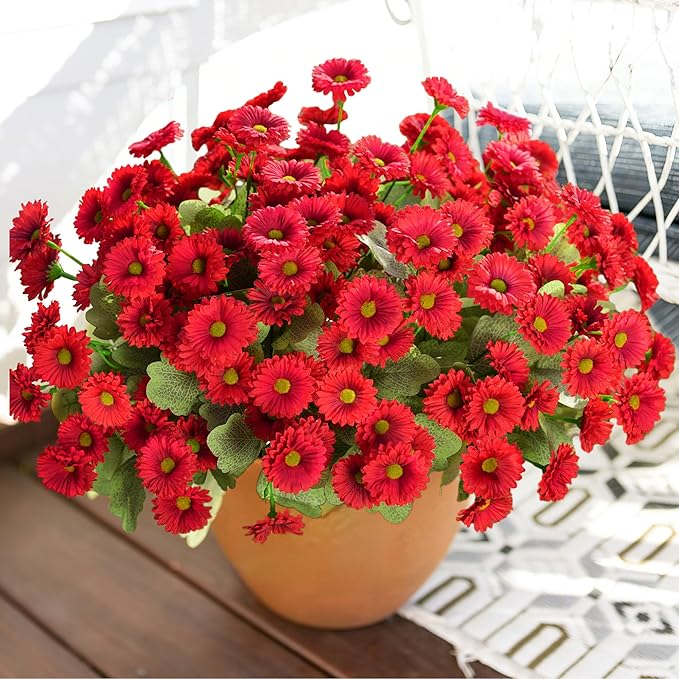 HyeFlora Artificial Dahlia Flowers for Outdoors Faux Plants Spring Decor, 6 Bundles Red Fake Silk Flowers for Outside Realistic UV Resistant for Planter Front Door Porch Patio Balcony Yard Home