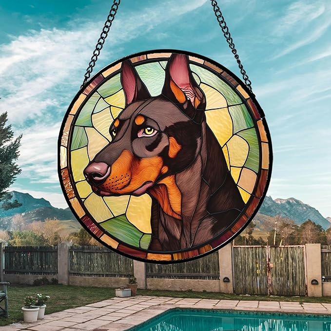 Stained Glass Window Hanging - Funny Dark Brown Doberman Pinscher Suncatcher for Door Terrace Garden Home Decor, Pet Dog Sun Catcher Birthday Gifts for Lovers Women Men Dad Mom Nana 9.8 in
