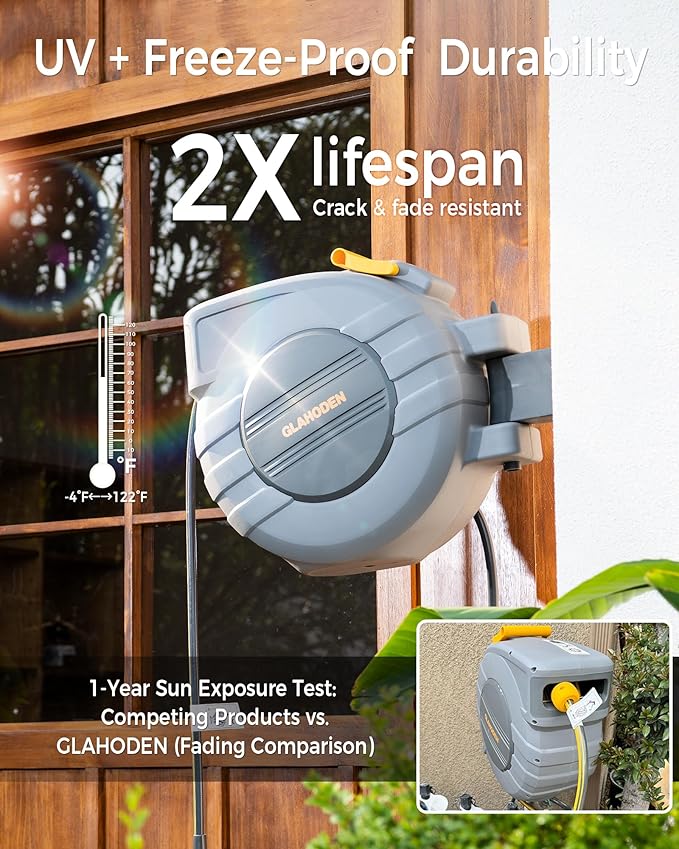 GLAHODEN Retractable Garden Hose Reel - 1/2 in x 130 ft Upgraded UV Resistant Automatic Wall Mounted Water Hose Reel 3/4 in Brass Fitting 9 Pattern Nozzle Any Length Lock Slow Retraction 180°Swivel
