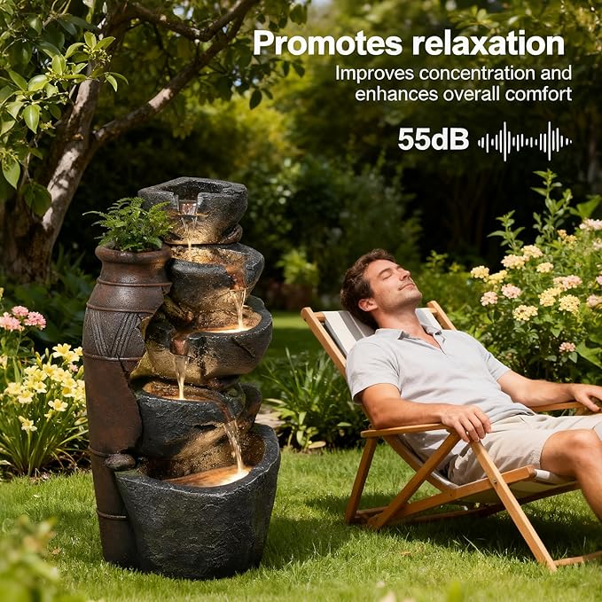 31.7" H Rock Jar Water Fountain Outdoor, 5-Tiers Cascading Outside Fountains and Waterfalls with 4 LED Lights for Patio, Deck, Porch, Backyard and Home Art Docor
