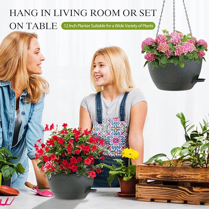 SQKH 12 Inch Hanging Baskets 2 PC with Chains, Self-Watering Hanging Planters for Indoor Outdoor Plants, Plastic Hanging Flower Pots, Black with Green Speckles
