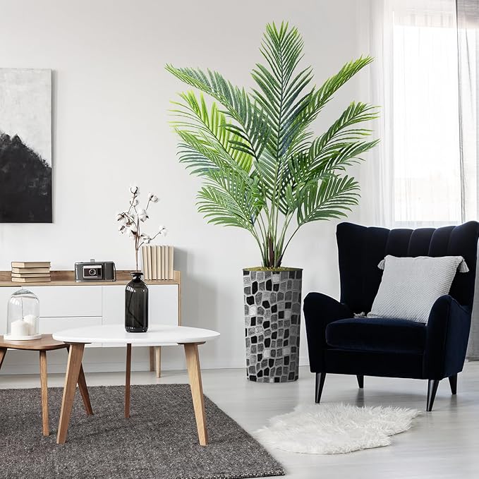 Artificial Tree in Modern Geometric Pattern Planter, Fake Areca Tropical Palm Silk Trees for Indoor and Outdoor Home Decoration - 66" Overall Tall (Plant Pot Plus Tree)