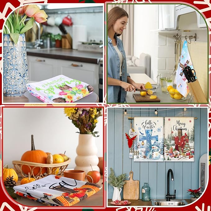 FuWeave 12 Pcs Seasonal Kitchen Towels Set for All Holidays Hand Dish Tea Towels Gift Bulk Valentine's Day Absorbent Dishcloths Housewarming Gift for Cooking Kitchen Bathroom(Cross Style,Vivid Color)