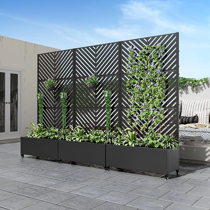 Casaphoria Metal Raised Garden Bed with Trellis and Wheels, 72"x35"x16" Planter Box for Climbing Plants, Vegetables & Vines, Features Drainage Holes and Privacy Screen, Black-Parallel