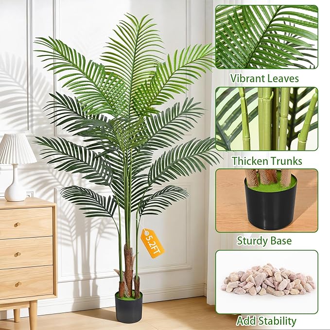 5.2 FT Artificial Plants Indoor, Tall Plant Palm Tree with Weighted Planter, Tropical Fake Tree with Realistic Leaves & Trunks for Home Office Living Room Bedroom Indoor Outdoor Decor
