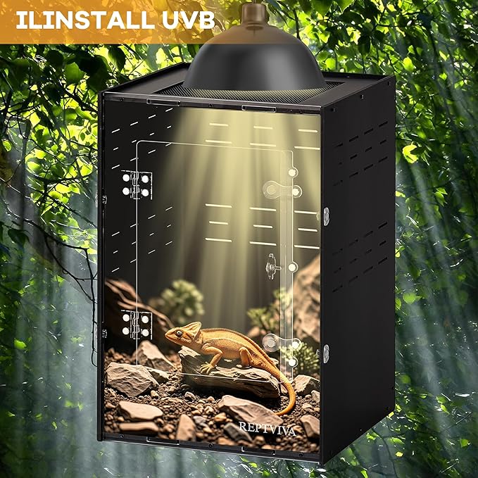 REPTVIVA 11"x11"x16" PVC Reptile Tank Enclosure - 5-Sided Blackout Terrarium with Mesh Top for Crested Geckos, Small Lizards, Tree Frogs & Arboreal Pets