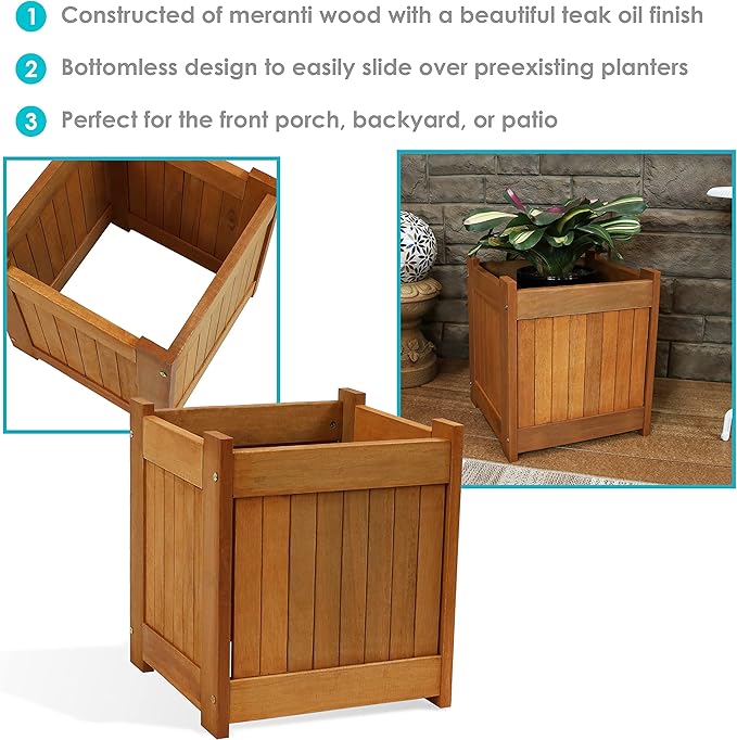 Sunnydaze 16-Inch Meranti Wood Planter Boxes for Outdoor Plants - Square Large Planter Boxes with Teak Oil Finish - Set of 2