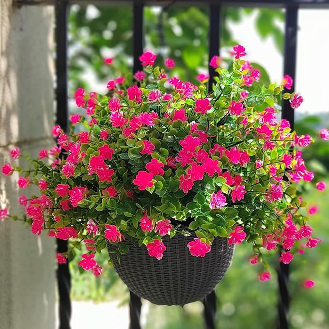 Grunyia 12 Bundles Artificial Flowers for Outdoors, UV Resistant Fake Flowers with Plastic Plants, Faux Flowers for Outside Window Box Front Porch Hanging Planter Decor (Pink)