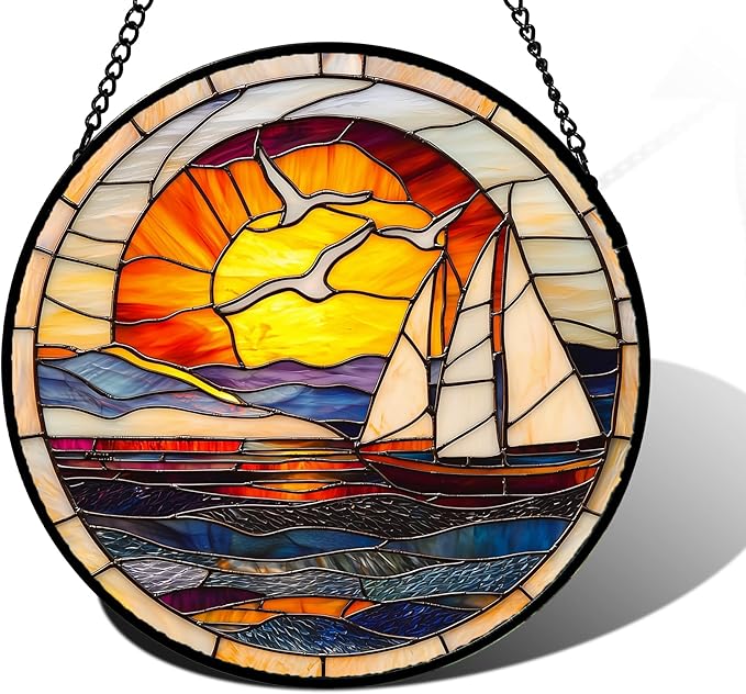 DASTOLL Stained Glass Window Hanging, Sun Ocean Sailboat Seagull Abstract Suncatcher Diamond Glass Panel Sun Catchers Decor for Birthday for Women, Men, Wife, Aunt, and Mom 11.8x11.8 in