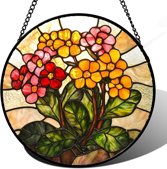 AMDERVEN Stained Glass Window Hanging, Yellow Red Flowers Sun Catcher for Window Door Home Decor Green Plant Suncatcher Christmas Mother's Day Birthday Gifts for Women Men Mom and Nana 15 in