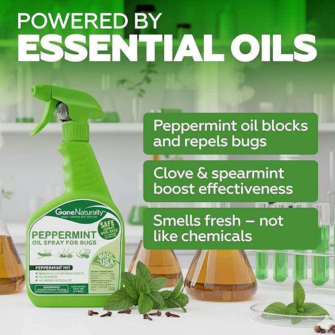 GoneNaturally Peppermint Oil Spray for Bugs– Insect Repellent & Bug Spray for Home– Kills & Repels Ants, Roaches, Spiders, Flies, Mosquitoes & More– Safe for Kids & Pets– Indoor & Outdoor Use (16oz)