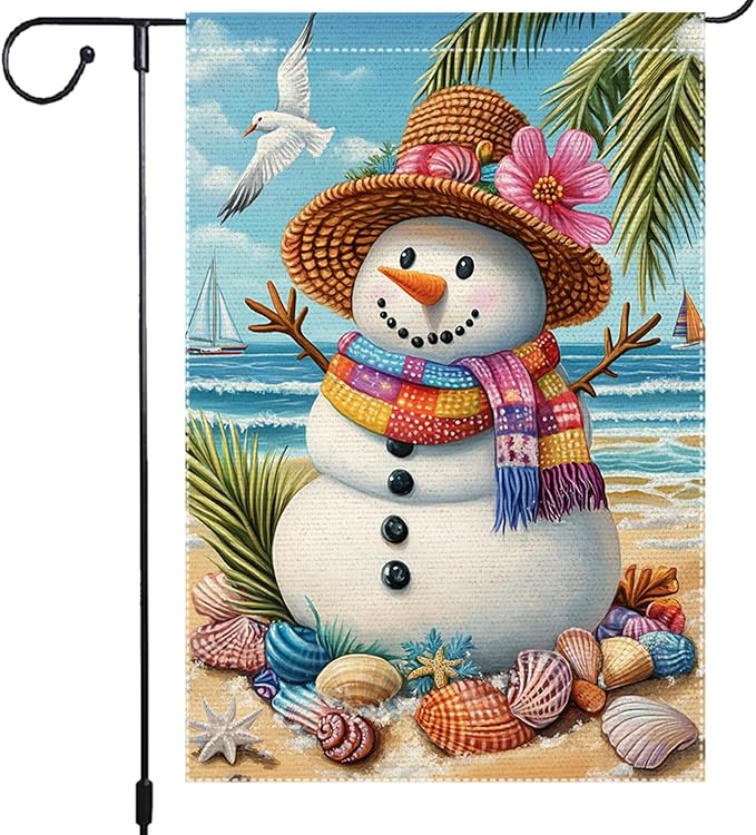 Tropical Christmas Snowman Garden Flag 12x18 Inch Double Sided Burlap Beach Holiday Yard Decor Summer Santa Outdoor Winter House Banner for Patio Porch Lawn Seaside
