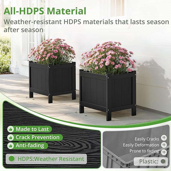 LUE BONA Outdoor Plant Pots, 13.7" x 12.5" x 14.5" Flower Pots with Drainage Holes, Outdoor Planters Boxes for Outdoor Plants - Porch Patio, Garden or Entryway, Black