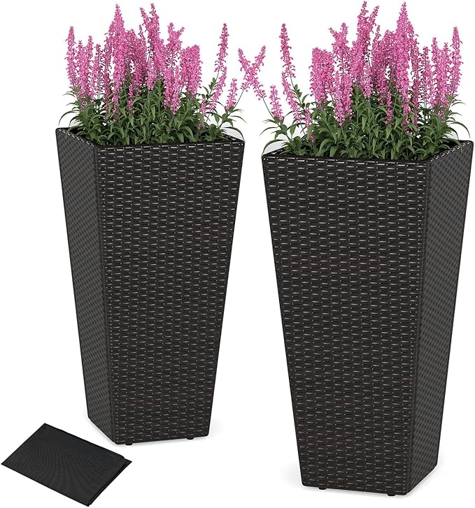 Giantex Set of 2 Outdoor Wicker Flower Pot, 30 Inch Tall Planters with Drainage System, PE Rattan Flower Pots, Indoor Outdoor Decoration for Front Porch Balcony Entryway, Dark Brown