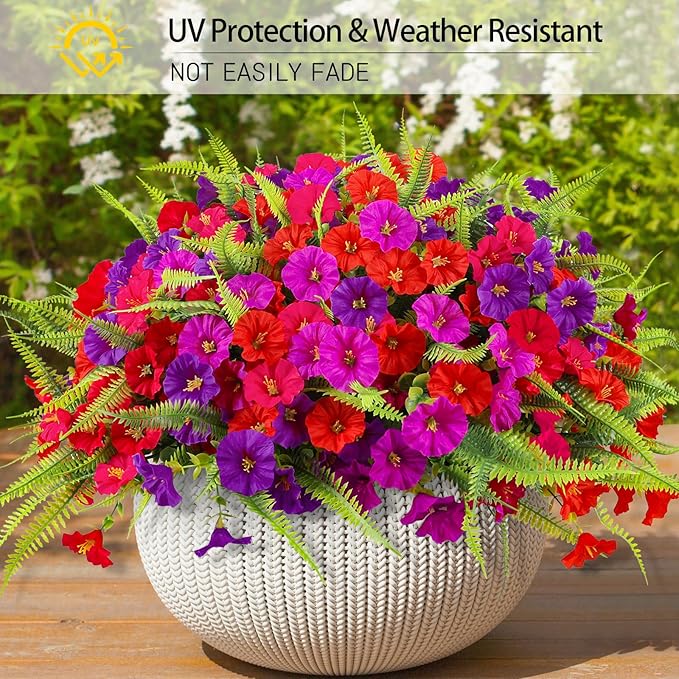 HIAGROW Artificial Flowers for Outdoors 12 Bundles Artificial Petunias Fake Flowers UV Resistant Shrubs Plants with Fern for Indoor Outside Hanging Planters Home Garden Spring Summer Decorations