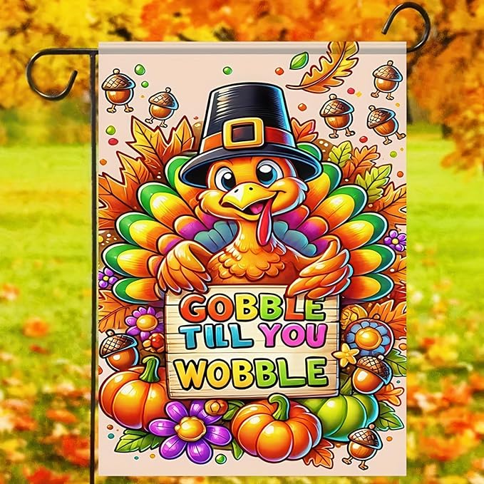 Happy Thanksgiving Garden Flag 12 x 18 Thankful Harvest Holiday Thanksgiving Gobble Turkey Garden Flag Decorative Fall Autumn Pumpkin Flag Outdoor Decorative House Turkey Banner