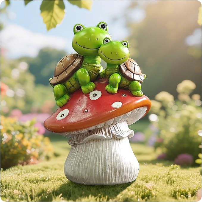 Solar Garden Turtle Figurines Outdoor Ornaments - Orange Mushroom with Sweet Frog Face Cute Turtles Decor, Resin Decorations Unique Garden Art Resin Statue Gifts for Patio Lawn Porch Yard