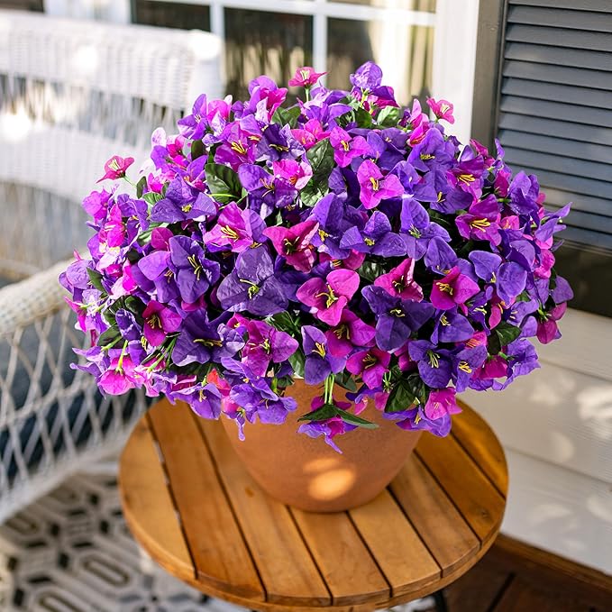 Artificial Flowers Plants for Outdoors Spring Summer Decor, 4 Bundles Fake Bougainvillea Silk Outside Flowers UV Resistant Look Real for Outdoor Planter Patio Porch Window Garden Home, PurpleFuchsia
