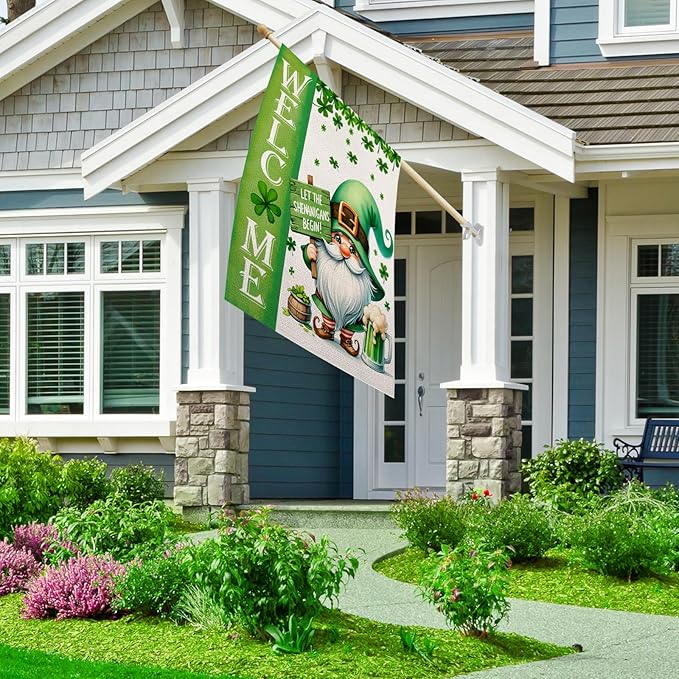 St Patricks Day Welcome House Flag 28x40 Inch Double Sided Gnome Lucky Shamrocks Clovers Large Outside Flag for Yard Outdoor Holiday Decoration