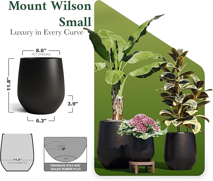 DTY Signature Mount Wilson Modern Indoor Outdoor Fiberstone Tapered Planter, Lightweight, Weather Resistant Garden Pot with Drainage Hole & Rubber Plug, Planter for Christmas Decor - Black, Small