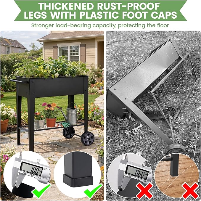 Elevated Raised Garden Bed with Legs- Galvanized Raised Beds for Gardening on Wheels, Anti-Rust Steel Planter Box with Storage Rack& Drain Hole for Backyard Patio Balcony (Black)