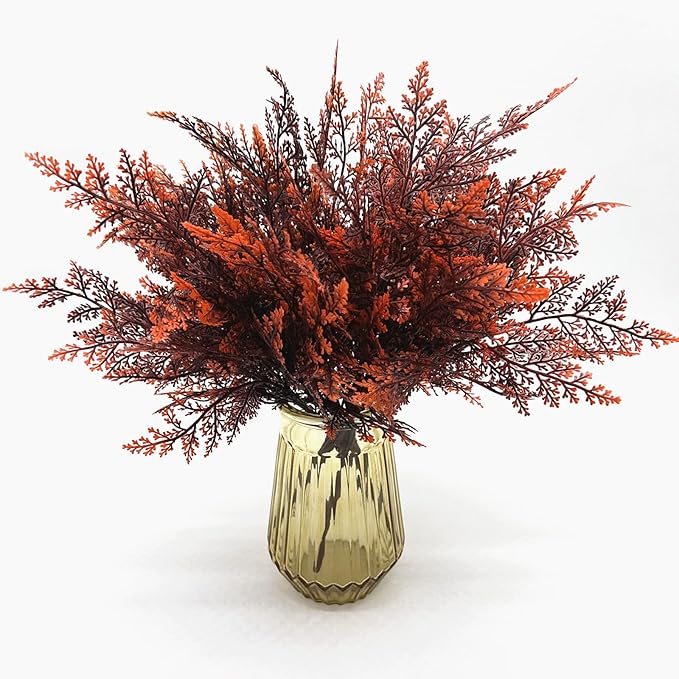 Fake Ferns Shrub Artificial Fern Leaves Plants, Plastic Foliage Greenery Faux Boston Leaf Stems Plant for Outdoor Indoor Garden Décor Wedding Party DIY Decoration Planter Filler Shrubs - Red 8 Pack