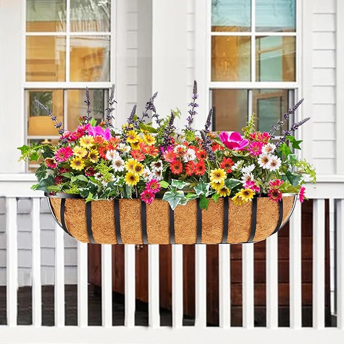 2pcs 24" Window Box Deck Railing Planter with Coco Liner, Metal Hanging Flower Planter Window Basket, Wall Planters Boxes with Horse Trough Coco Liner for Outdoor Indoor Balcony Porch Fence